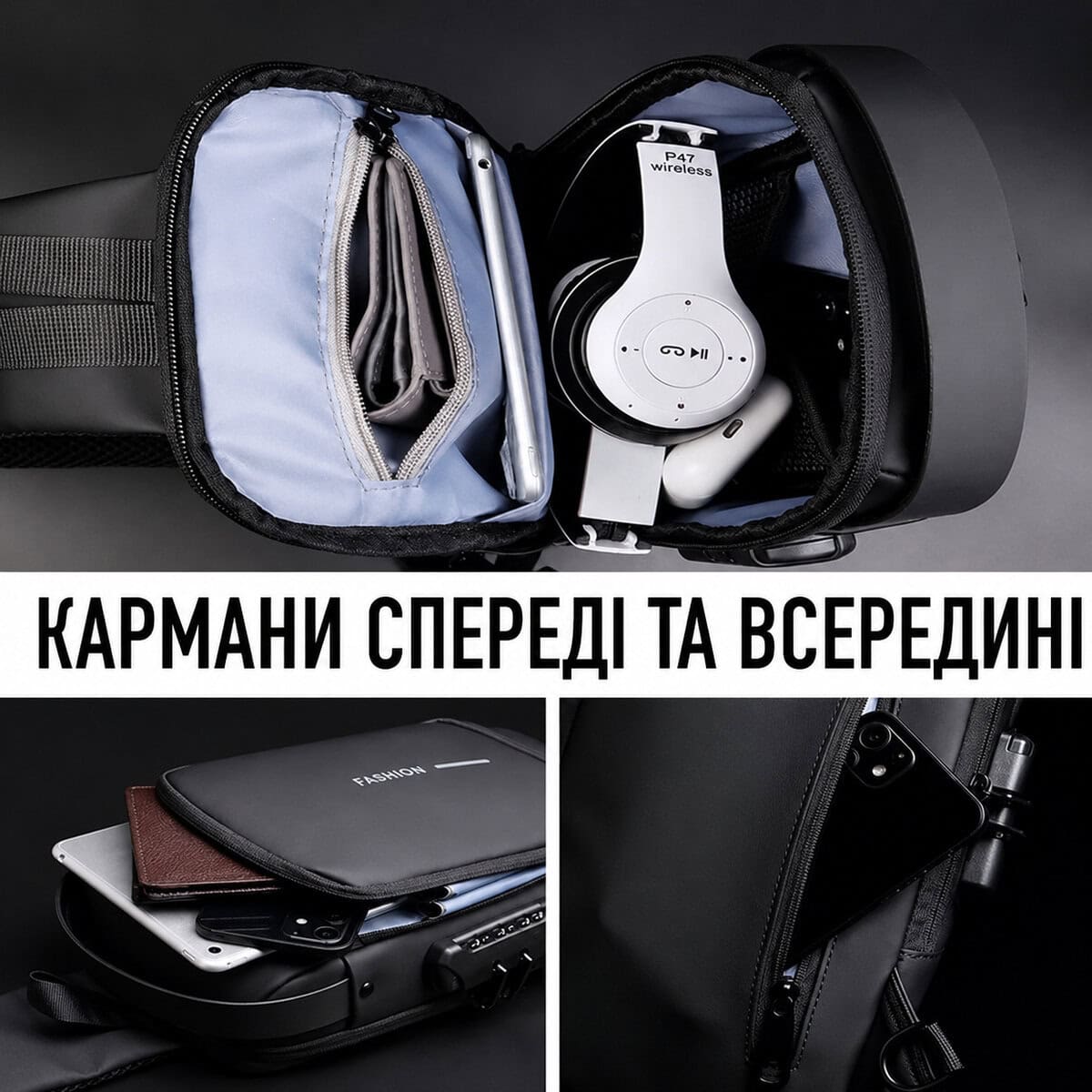 Кармани спереду та всередині — багато відділень